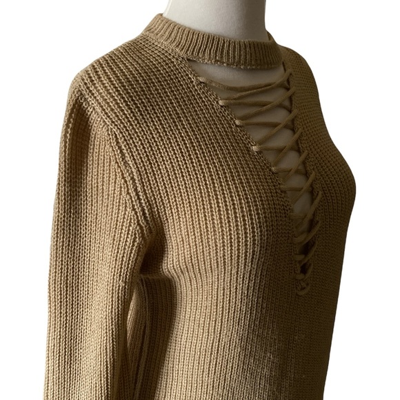Long Sleeve Tan Sweater with Lace Up Detail in Deep V Opening Size Medium - Picture 6 of 8